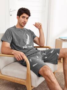 Men Feather And Letter Graphic Slant Pocket PJ Set - Grey - View 5