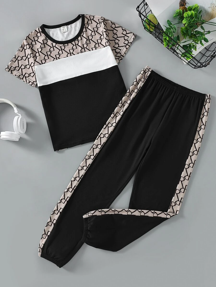 Boys Letter Graphic Colourblock Side Stripe PJ Set - Multicolor - View 1