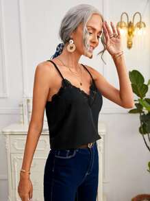 SHEIN Frenchy Embroidery Mesh Detail Cami Top Elegant Black