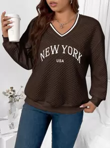 Flirla Plus Letter Graphic Drop Shoulder Quilted Sweatshirt - Chocolate Brown - View 4