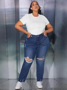 SHEIN CURVE+ Plus High Waist Ripped Raw Hem Jeans - Dark Wash - View 2