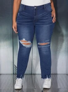 SHEIN CURVE+ Plus High Waist Ripped Raw Hem Jeans - Dark Wash - View 5