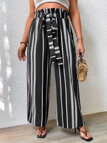 SHEIN LUNE Plus Allover Print Paperbag Waist Belted Trousers - Black - View 1