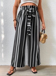 SHEIN LUNE Plus Allover Print Paperbag Waist Belted Trousers - Black - View 4