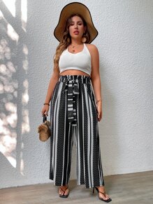 SHEIN LUNE Plus Allover Print Paperbag Waist Belted Trousers - Black - View 5