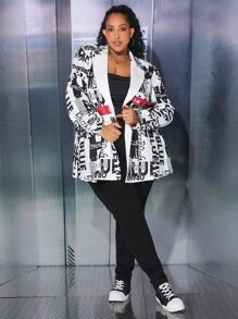 SHEIN CURVE+ Plus Letter Graphic Lapel Neck Blazer - Black and White - View 6