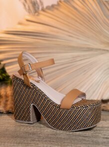 SHUZIA 女士極簡粗跟踝帶優雅夏天高跟涼鞋 - 駝色 - 查看 3