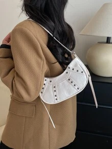 Bolso hobo con cocodrilo en relieve con diseño de tachuela - Blanco - Ver 6