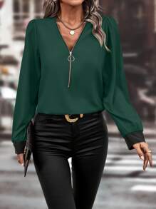 SHEIN Clasi O-ring Zipper Puff Sleeve Blouse - Dark Green - View 3