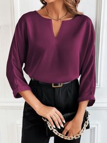 SHEIN Clasi Notched Neckline Batwing Sleeve Satin Blouse - Purple - View 1