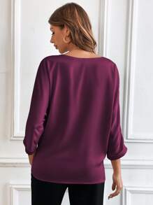 SHEIN Clasi Notched Neckline Batwing Sleeve Satin Blouse - Purple - View 2