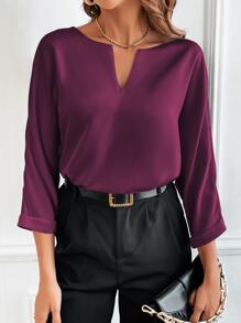 SHEIN Clasi Notched Neckline Batwing Sleeve Satin Blouse - Purple - View 3