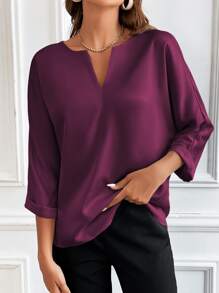 SHEIN Clasi Notched Neckline Batwing Sleeve Satin Blouse - Purple - View 4
