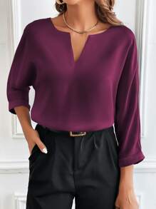 SHEIN Clasi Notched Neckline Batwing Sleeve Satin Blouse - Purple - View 5