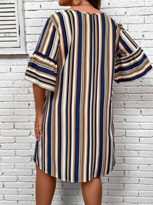 SHEIN Holidaya Plus Striped Print Flounce Sleeve Tunic Dress - Multicolor - View 3