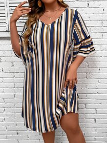 SHEIN Holidaya Plus Striped Print Flounce Sleeve Tunic Dress - Multicolor - View 5