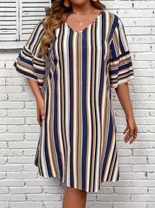 SHEIN Holidaya Plus Striped Print Flounce Sleeve Tunic Dress - Multicolor - View 1