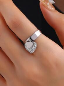 1 pieza anillo abierto con diseño de corazón con diamante de imitación joya de cobre - Plateado - Ver 1