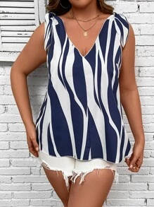 SHEIN Holidaya Plus Wave Striped Tie Shoulder Tank Top - Blue and White - View 4