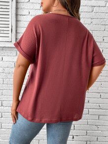 SHEIN LUNE Plus Button Detail Batwing Sleeve Tee - Rose Red - View 3