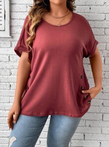 SHEIN LUNE Plus Button Detail Batwing Sleeve Tee - Rose Red - View 4