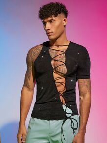 FeverCity Men Lace Up Front Tee - Black - View 3