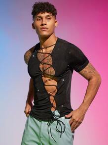 FeverCity Men Lace Up Front Tee - Black - View 4