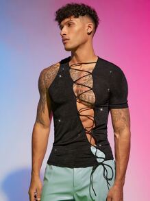 FeverCity Men Lace Up Front Tee - Black - View 6