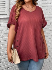 SHEIN LUNE Plus Button Detail Batwing Sleeve Tee - Rose Red - View 5