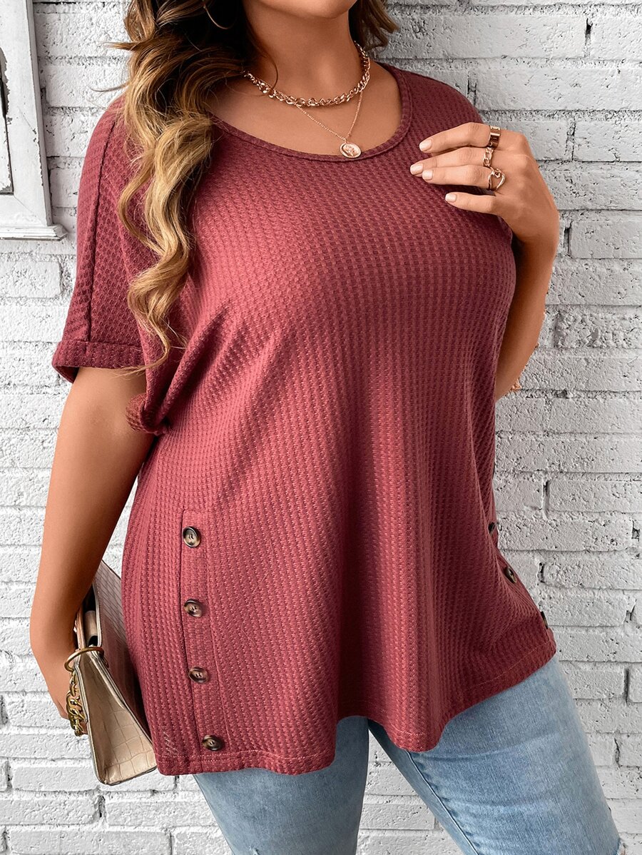 SHEIN LUNE Plus Button Detail Batwing Sleeve Tee - Rose Red - View 1