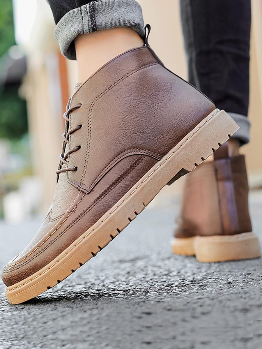 Men Minimalist Lace-up Front Combat Boots - Brown - View 1