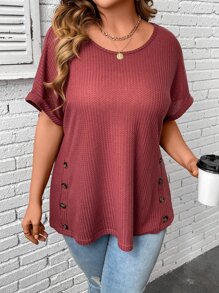 SHEIN LUNE Plus Button Detail Batwing Sleeve Tee - Rose Red - View 6