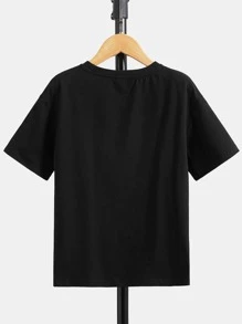 SHEIN Tween Boy's Casual  Print Round Neck Pullover Solid Color T-Shirt - Black - View 2