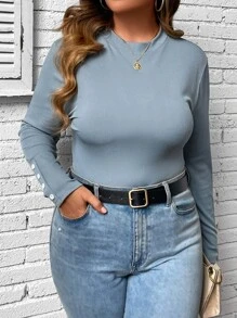 SHEIN LUNE Plus Solid Ribbed Knit Bodysuit - Dusty Blue - View 5