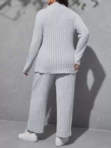 SHEIN Essnce Plus Mock Neck Tee & Trousers - Light Grey - View 2