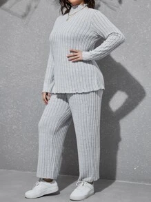 SHEIN Essnce Plus Mock Neck Tee & Trousers - Light Grey - View 3