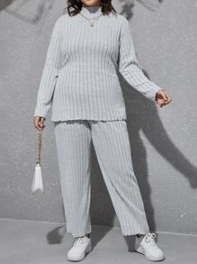 SHEIN Essnce Plus Mock Neck Tee & Trousers - Light Grey - View 4