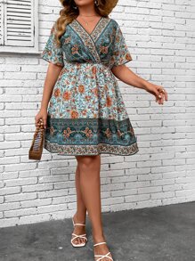 SHEIN LUNE Vestido con estampado floral de cuello cruzado - Multicolor - Ver 4