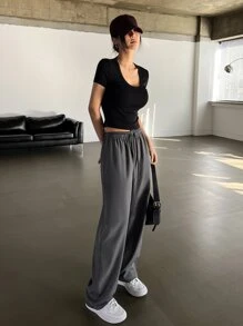 DAZY 繩索腰寬腳褲 - 深灰色 - 查看 8