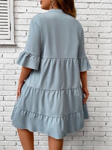 SHEIN LUNE Vestido smock de manga con volante bajo con fruncido - Azul - Ver 2
