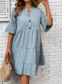SHEIN LUNE Vestido smock de manga con volante bajo con fruncido - Azul - Ver 3