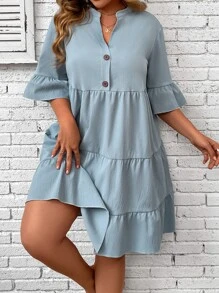 SHEIN LUNE Vestido smock de manga con volante bajo con fruncido - Azul - Ver 5
