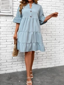 SHEIN LUNE Vestido smock de manga con volante bajo con fruncido - Azul - Ver 6
