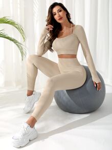Easithlete 2 件无缝高弹力瑜伽套装普拉提套装二合一 T 恤和收腹紧身裤罗纹紧身裤套装无缝套装 - 杏色 - 查看 2