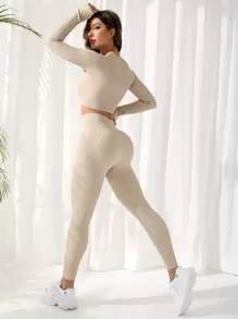 Easithlete 2 件无缝高弹力瑜伽套装普拉提套装二合一 T 恤和收腹紧身裤罗纹紧身裤套装无缝套装 - 杏色 - 查看 1