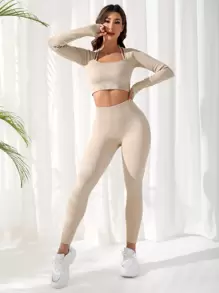 Easithlete 2 件无缝高弹力瑜伽套装普拉提套装二合一 T 恤和收腹紧身裤罗纹紧身裤套装无缝套装 - 杏色 - 查看 5