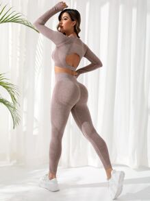 Seamless Thumbholes Top-stitching Raglan Sleeve Sports Set - Apricot - View 2