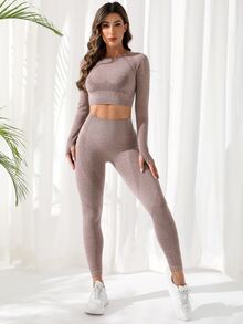 Seamless Thumbholes Top-stitching Raglan Sleeve Sports Set - Apricot - View 4