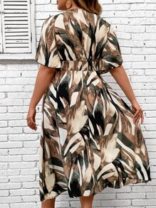 SHEIN LUNE Women Plus Allover Print Surplice Neck Flounce Sleeve Dress Outfit, Summer - Multicolor - View 2