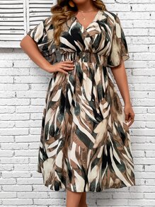 SHEIN LUNE Women Plus Allover Print Surplice Neck Flounce Sleeve Dress Outfit, Summer - Multicolor - View 5